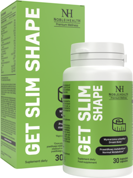 Zielone pudełko i butelka suplementu diety GET SLIM SHAPE Noblehealth, widoczne etykiety na kontrolę wagi.