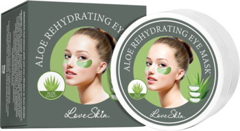 LoveSkin Aloe Rehydrating Eye Mask, szarawo-zielone pudełko i biały słoik z grafiką kobiety, widok z przodu.