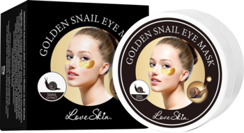Love Skin Golden Snail hydrożelowe płatki pod oczy w czarnym pudełku i białym słoiku, widok z przodu.