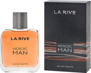 LA RIVE Heroic Man: pomarańczowa butelka perfum z srebrną zakrętką i czarne opakowanie kartonowe, widok od przodu.