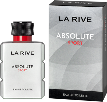 La Rive Absolute Sport EDT, biała butelka z czarno-czerwoną nakrętką i szare pudełko z logo, widok z przodu.
