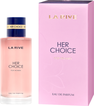 La Rive Her Choice woda perfumowana, różowa butelka z niebieską nakrętką i pasujący różowy kartonik. Widok z przodu.