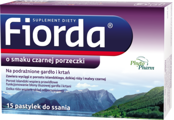 Fiorda, suplement diety o smaku czarnej porzeczki na gardło, w biało-granatowym pudełku z grafiką jeziora.