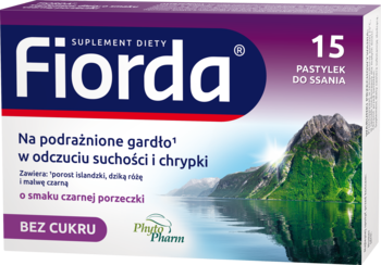 Fiorda suplement diety, fioletowo-białe opakowanie, 15 bezcukrowych pastylek na gardło o smaku czarnej porzeczki.