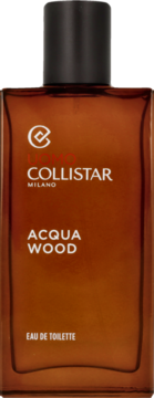 Prostokątna, brązowa butelka Collistar Uomo Acqua Wood Eau de Toilette z czarną nakrętką, widok z przodu.