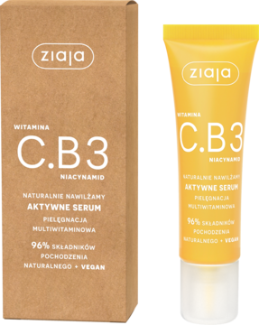 Ziaja C.B3 niacynamid aktywne serum. Żółta tuba i brązowy kartonik z napisem, widok z przodu.