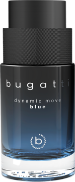 Perfumy Bugatti Dynamic Move Blue w ciemnogranatowej butelce z teksturowaną czarną nakrętką, widok z przodu.