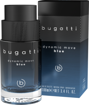 Woda toaletowa Bugatti Dynamic Move Blue, ciemnoniebieska butelka i pudełko na ciemnym tle, widok pod kątem.