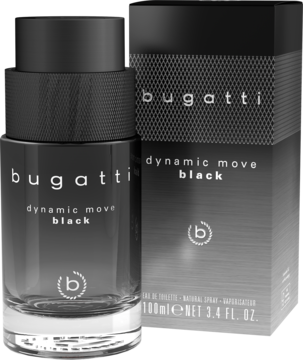 Bugatti Dynamic Move Black EDT, orientalno-drzewny zapach w eleganckiej czarnej butelce z pasującym pudełkiem, widok z przodu.