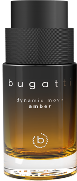 Bugatti Dynamic Move Amber, bursztynowy zapach w szklanej butelce z czarnym teksturowanym korkiem.