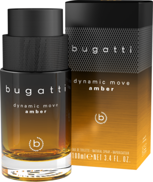 Perfuma Bugatti Dynamic Move Amber 100ml, bursztynowa butelka z czarną nakrętką obok teksturowanego opakowania.