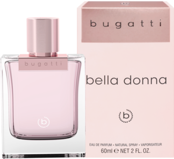 Różowy flakon perfum Bugatti Bella Donna w szklanej butelce i pasujące opakowanie, widok z przodu na białym tle.