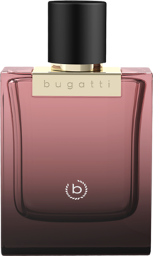 Flakon perfum Bugatti Bella Donna Intensa, burgundowy gradient, złoty pasek z logo, widok z przodu.