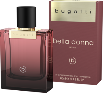 Bugatti Bella Donna Intensa perfumy 60ml, ciemnoróżowa butelka i pudełko, widok z przodu. Kwiatowy zapach.