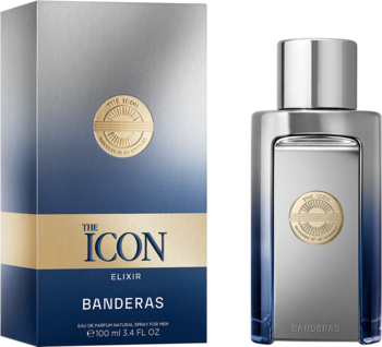 Antonio Banderas The Icon Elixir woda perfumowana dla mężczyzn, srebrna butelka i pudełko z niebieskim gradientem.