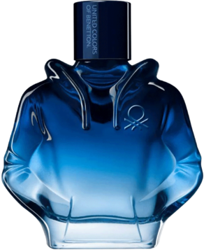 Męska woda perfumowana Tribe Intense Benetton w ciemnoniebieskiej butelce w kształcie bluzy z kapturem, przód.