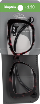 Okulary do czytania eye medic +1.50, cętkowane bordowo-czarne, w blisterze z etui, widok z przodu.