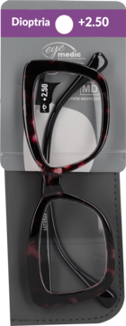 Marmurkowe okulary do czytania eye medic +2.50 w szarym opakowaniu z fioletowym nagłówkiem i etui.