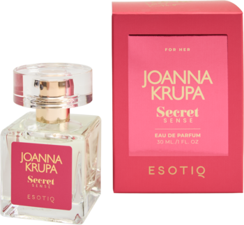 Perfumy Joanna Krupa Secret Sense 30ml: szklana butelka z różową etykietą i różowe opakowanie kartonowe.