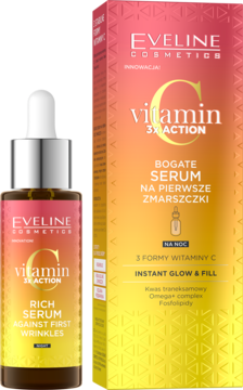 Eveline Vitamin C 3xAction serum i pudełko. Pomarańczowo-żółty gradient, bogate serum przeciw zmarszczkom.
