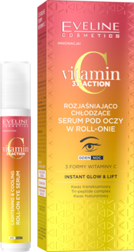 Eveline Vitamin C 3X Action rozjaśniająco-chłodzące serum pod oczy w roll-onie z opakowaniem, widok z przodu.