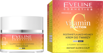 Eveline Vitamin C 3x Action rozświetlająco-kojący krem do twarzy, słoiczek i pudełko.