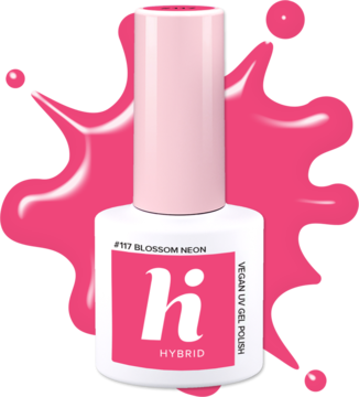 Biała butelka hi hybrid z różową nakrętką, wegański lakier UV gel #117 Neon Blossom, z przodu.