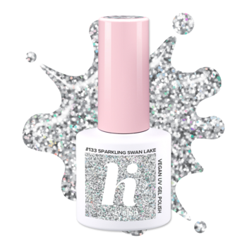 Lakier hi hybrid BP133 Sparkling Swan Lake, srebrny brokatowy, w białej butelce z różową nakrętką, na tle błyszczącego brokatu.