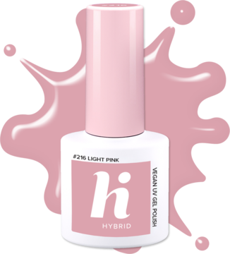 Lakier hybrydowy hi hybrid #216 Light Pink, jasnoróżowa butelka z białym logo na tle plam.