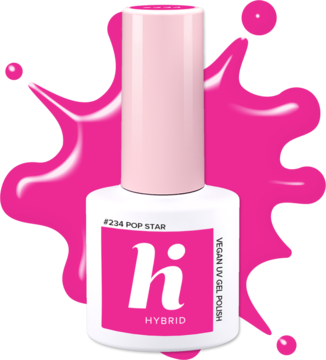 Neonowy lakier hybrydowy hi hybrid #234 Pop Star w białej butelce z różową nakrętką na różowym tle.