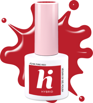 Czerwony lakier hybrydowy hi hybrid #244 Fire Red w białej butelce z różową nakrętką, otoczony czerwoną cieczą.