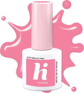 Różowy wegański lakier hybrydowy Hi Hybrid Brave Pink w białej butelce, widok z przodu.