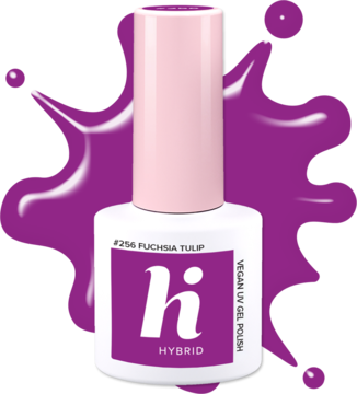 Biała butelka lakieru hi hybrid #256 Fuchsia Tulip, wegański UV gel polish, z różową nakrętką.