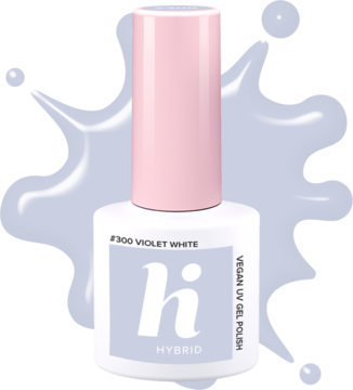 Lakier hybrydowy hi hybrid #300 Violet White, wegański, w białej butelce z różową nakrętką, widok z przodu.