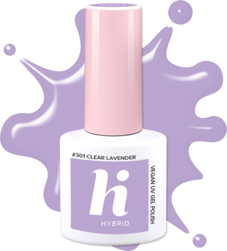 Hi hybrid #301 Clear Lavender wegański lakier hybrydowy, butelka z jasnofioletowym płynem, widok z przodu.