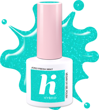 Brokatowy lakier hybrydowy Hi Hybrid Fresh Mint #353, biała butelka z różową nakrętką, widok z przodu.