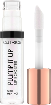 Biały błyszczyk Catrice Plump It Up Lip Booster z mentolem, tuba z czarnym napisem i aplikator obok, rose gold.