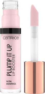 Jasnoróżowy błyszczyk Catrice Plump It Up Lip Booster z mentolem, otwarta butelka i aplikator z różowym złotem.