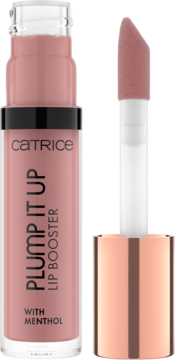 Catrice Plump It Up Lip Booster in nude-pink shade, open bottle with soft angled applicator & rose gold cap.
