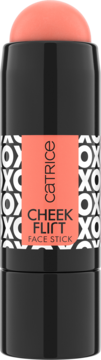 Catrice Cheek Flirt Face Stick, koralowy róż w sztyfcie, czarna tuba z białym wzorem XOXO, widok z przodu.