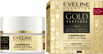 Eveline Gold Peptides 50+ krem-lifting ze złotym peptydem i kolagenem w słoiczku i opakowaniu.