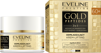 Krem-lifting Eveline Gold Peptides 60+ w złoto-białym słoiku i opakowaniu, widok z przodu pod kątem.