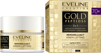 Eveline Gold Peptides 70+ remodelujący krem-lifting: słoik obok złotego opakowania, widok z przodu.