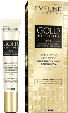 Eveline Gold Peptides krem-lifting pod oczy w złoto-białej tubce i złotym pudełku. Niweluje cienie i opuchnięcia.