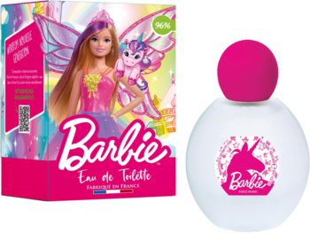 Kolorowe pudełko z lalką Barbie i jednorożcem obok białej butelki Barbie Eau de Toilette z różową nakrętką.