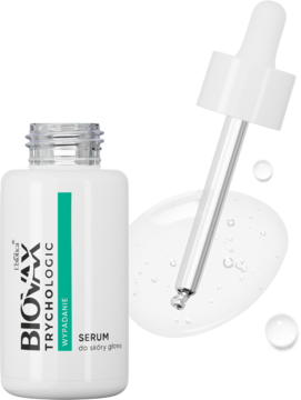 Białe serum Biovax Trychologic na wypadanie włosów, z zielonym paskiem i napisem, obok przezroczysty zakraplacz.