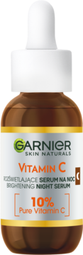 Garnier Vitamin C Brightening Night Serum, brązowa butelka z białą pipetą, 10% czystej witaminy C.