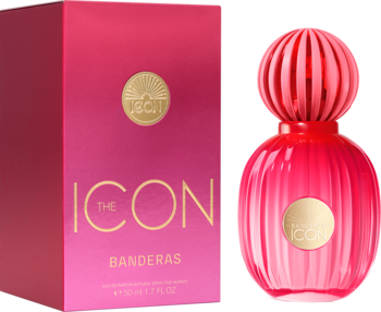 Różowa woda perfumowana Banderas The Icon w okrągłym, plisowanym flakonie i pasującym pudełku, widok z przodu.