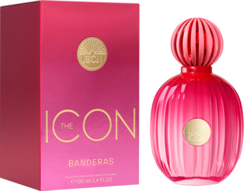 Banderas The Icon woda perfumowana, różowa, ryflowana butelka 100ml z okrągłym emblematem obok pudełka.