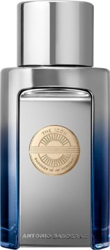 Antonio Banderas The Icon Elixir, srebrny flakon perfum z niebieskim gradientem, złoty emblemat, przód.